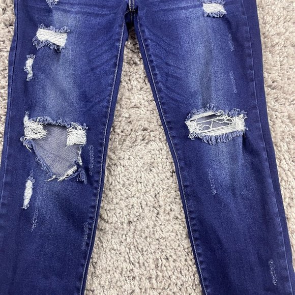 Kancan Cora Mid Rise Super Skinny Ripped Jeans Size 13/30 Dark Wash Step Hem - Picture 4 of 16